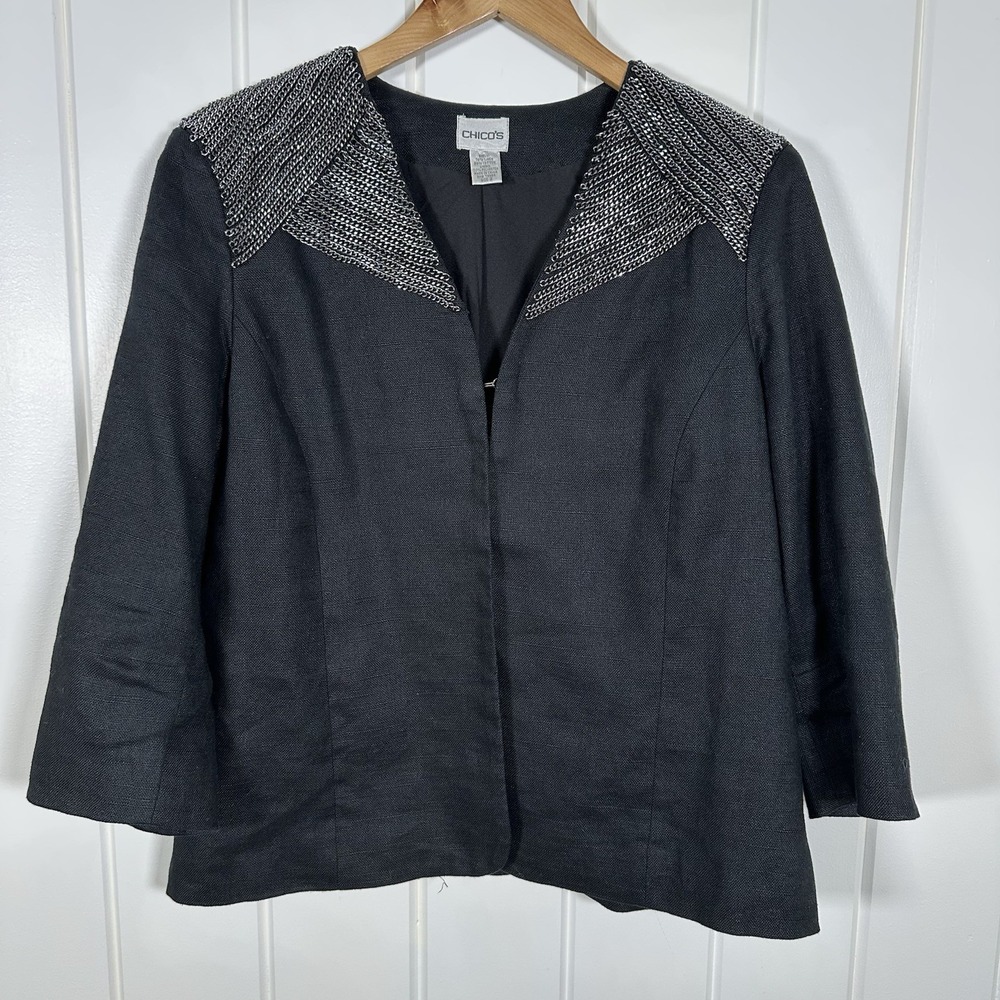 Chico's Chained Galloway Jacket Womens Size 2 Lined Black 3/4 Linen Blend Career